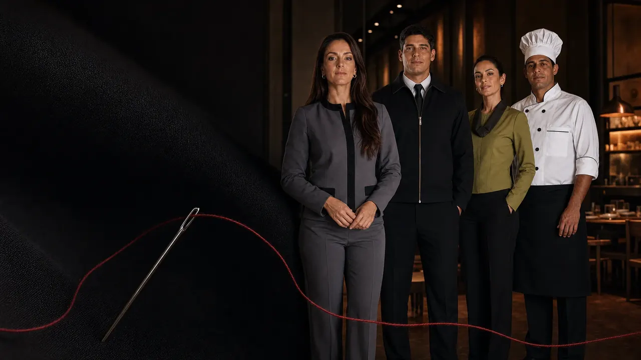 Quatro profissionais usando uniformes corporativos, gastronômicos e executivos personalizados